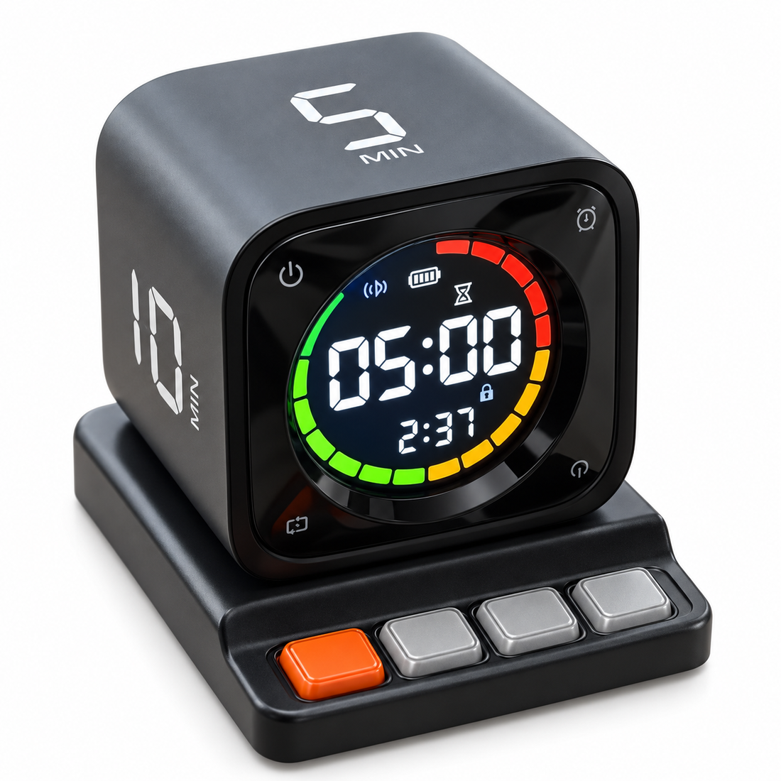 Black FocusFlip timer on its charging base